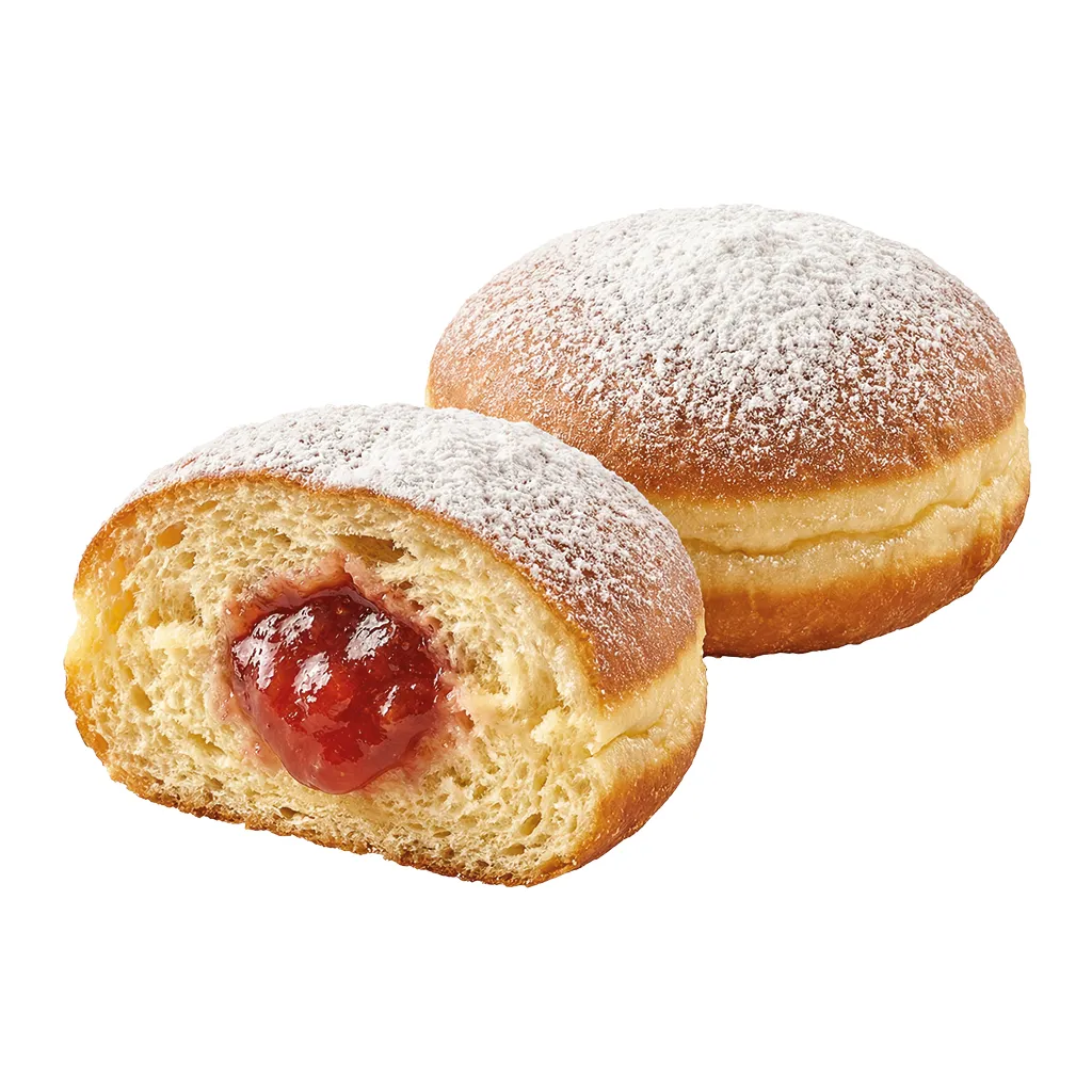 Pączek z dżemem różanym z cukrem pudrem